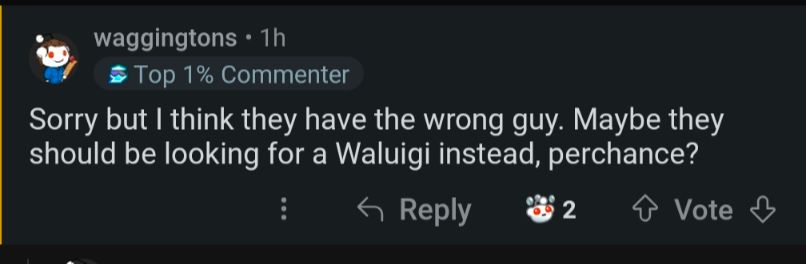 Screenshot from Baltimore subreddit and UHC killer. "Sorry but I think they have the wrong guy. Maybe they should be looking for Waluigi instead, perchance."