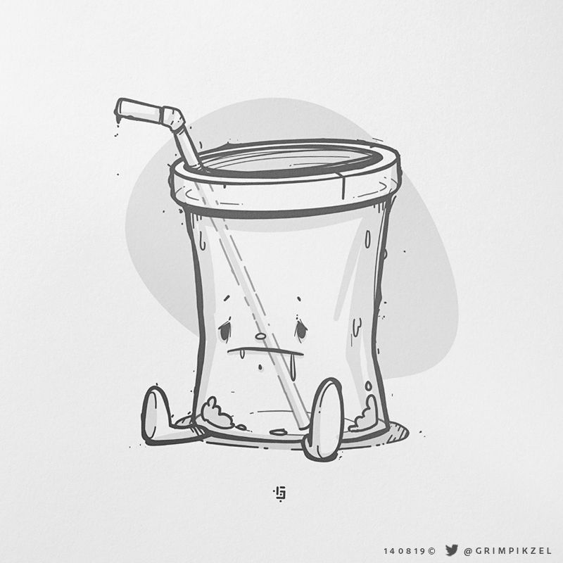 Black and white drawing of an empty cup. with a sad face representing my existence lately.