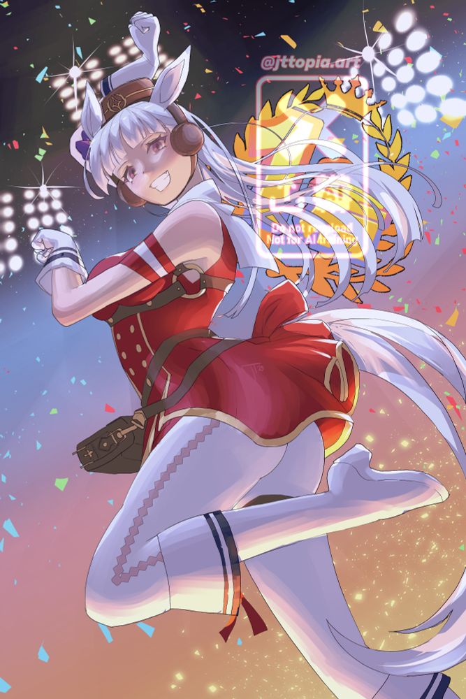 a colorful illustration of Goldship from Umamusume Pretty Derby. she is striking her victory pose under the glow of three racetrack lights, having claimed 1st place in her latest championship.