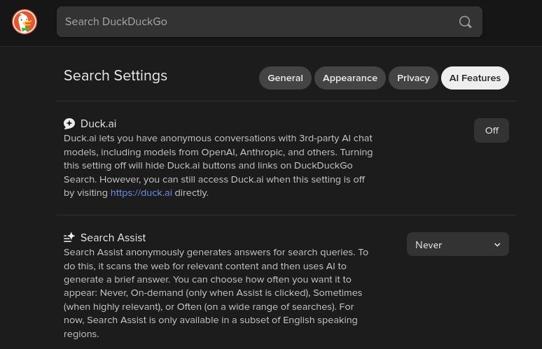 AI settings for DuckDuckGo. All AI functions are disabled in this picture.