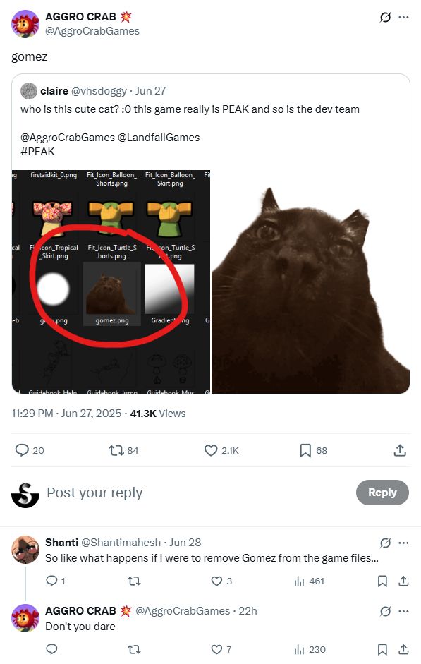 A Twitter screenshot shows a user asking about "gomez.png," an image of a dark brown cat found in game files. Another user then jokingly asks, "So like what happens if I were to remove Gomez from the game files..." The the developers sternly replies "Don't you dare"