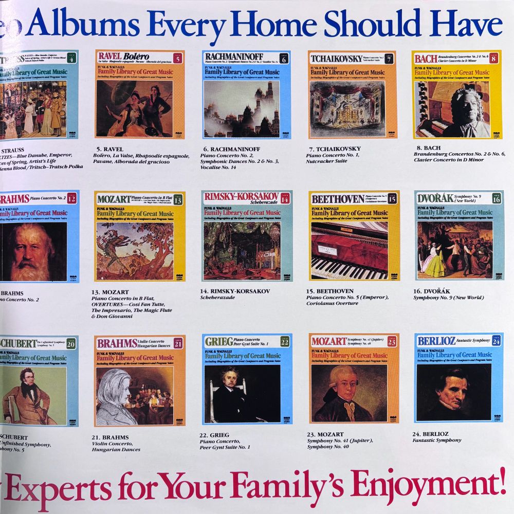 Bottom text from pg 1-2: 66 Musical Masterpieces Selected by Experts for your Family’s Enjoyment
Page 2 of the ad for the family library, continued pictures of the included albums