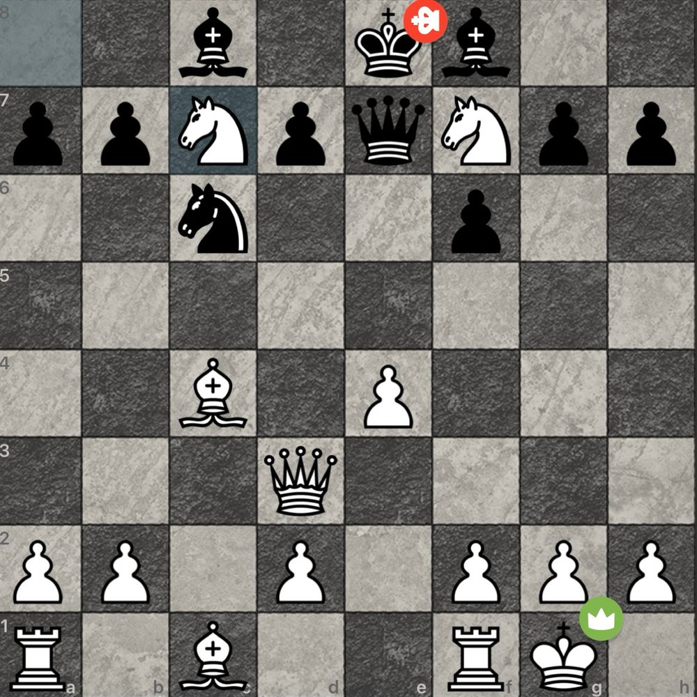 A chessboard from chess.com showing 2 knights giving checkmate 