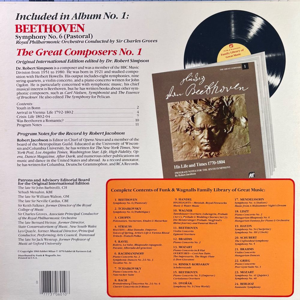 Reverse of the album. The collection is from 1966 originally, but this was printed and pressed in 1984, which explains the number of “the late…” on the advisory committee 