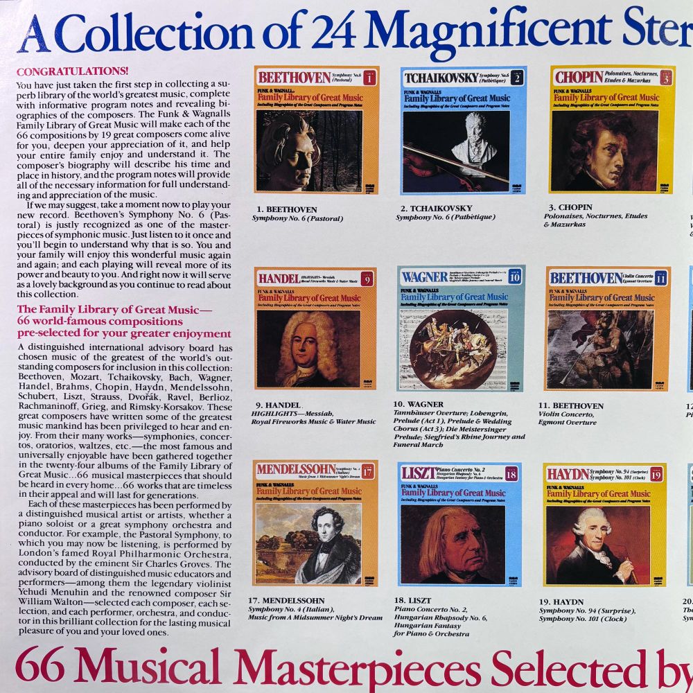 Top text of pg 1-2: A collection of 24 Magnificent Stereo Albums Every Home Should Have 
Page 1 of an included advertisement for the library which includes the selection process and pictures of the 24 albums 