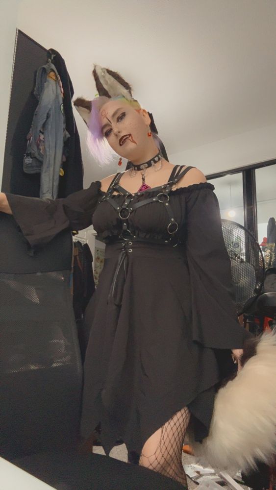 Full body outfit view! Wearing fishnets, her tail, and over that we have a black off the shoulder  dress with a corset like middle and sleeves. On top of that is a black chest harness.