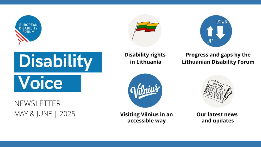 Promotional banner for the Disability Voice. 4 main icons of 4 main topics:
1. Disability rights in Lithuania
2. Progress and gaps
3. Visiting Vilnius in an accessible way
4. Latest news and updates