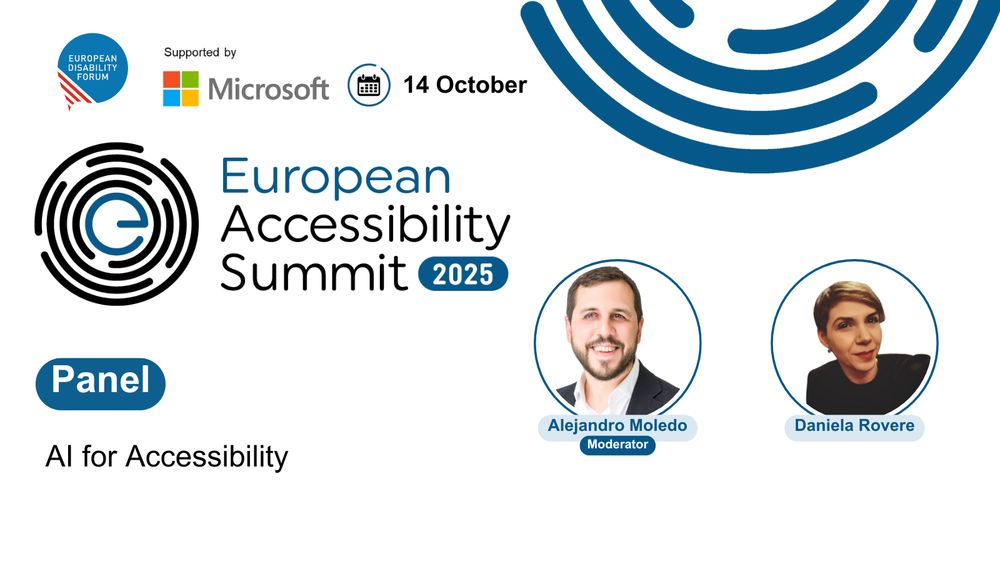 A composite image: on the left logos of EDF, Microsoft and the Accessibility Summit, with name of panel 'AI for Accessibility'. On the right photos of the panellists - Alejandro Moledo and Daniela Rovere