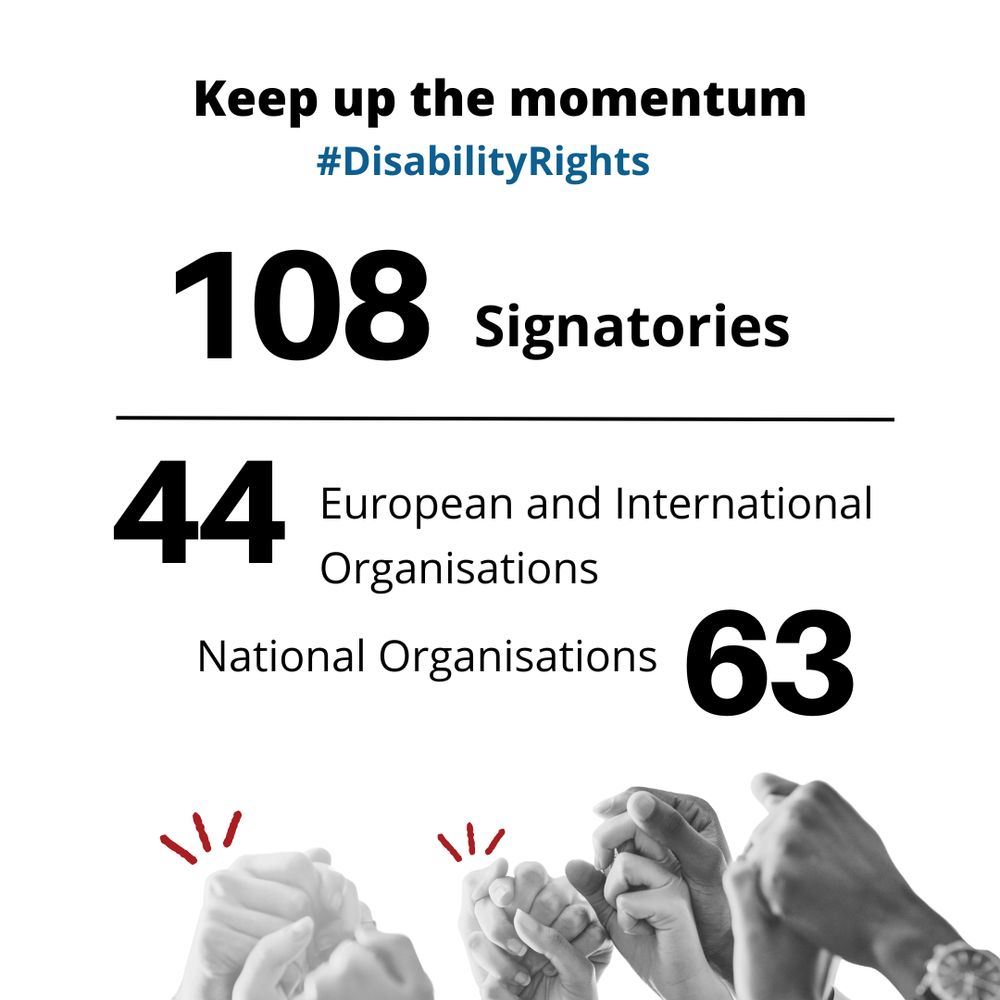 Banner saying "Keep up the momentum on disability rights: 108 signatories, 44 European and International Organisations and 63 National organisations