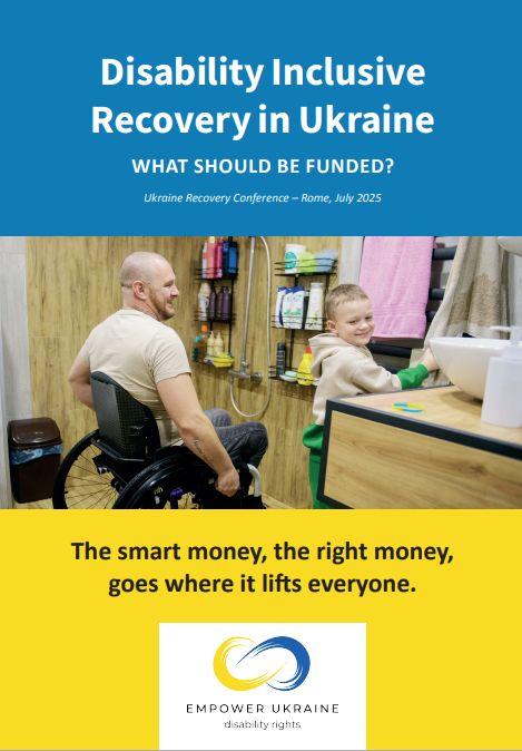 Photo of a white man in a wheelchair in an accessible bathroom with adapted sink. His son stands next to him. underneath is the slogan "The smart money, the right money, goes where it lifts everyone."