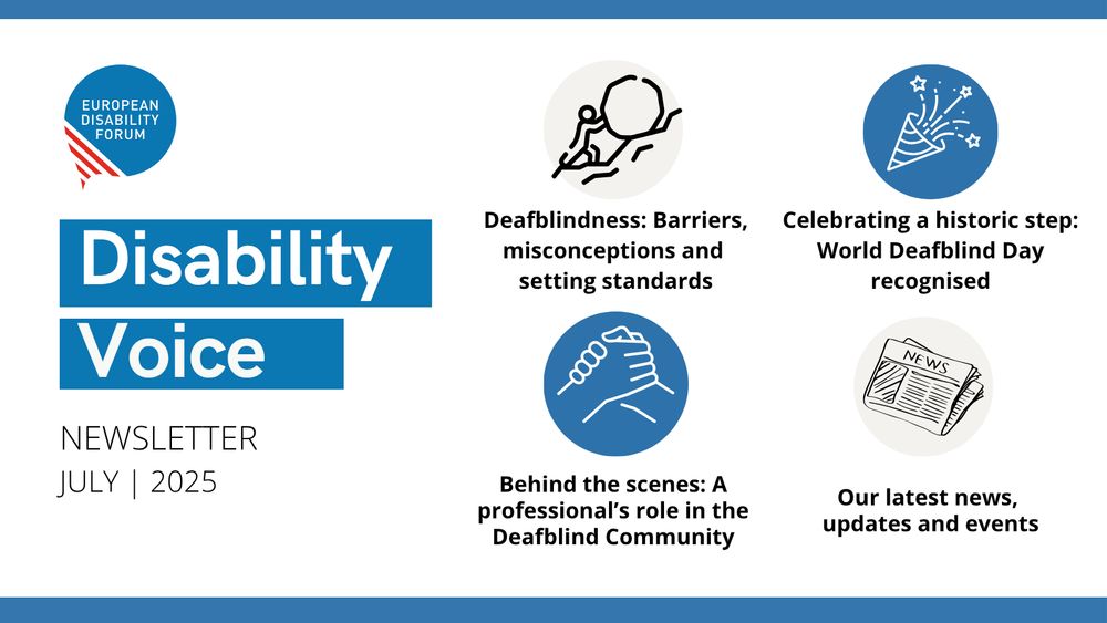 promotional banner of the Disability Voice with 4 icons related to the 4 main topics of the newsletter.
