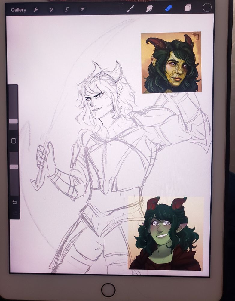 Picture of iPad with sketch of a Tiefling with reference portraits.