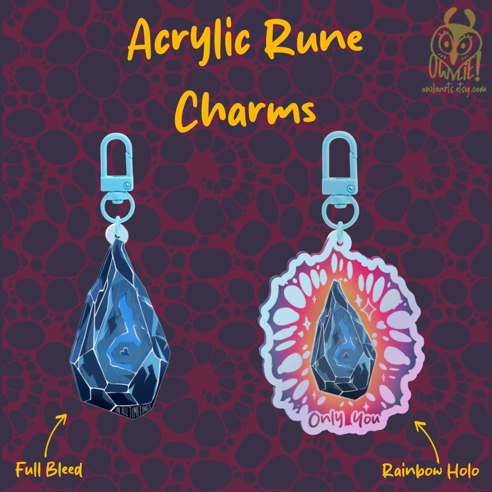 acceleration rune acrylic charms (one borderless, the other surrounded by anomaly patterns)