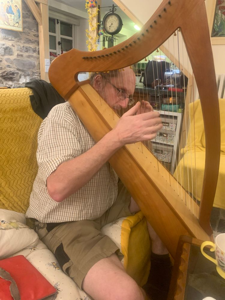A Welsh enby plays the harp 