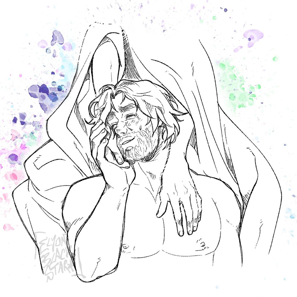 Sketch drawing of Jayce crying happily while holding Viktor's hand