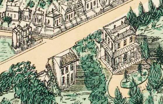 Detail of the George Treacy Stevens birds-eye view of the same houses.