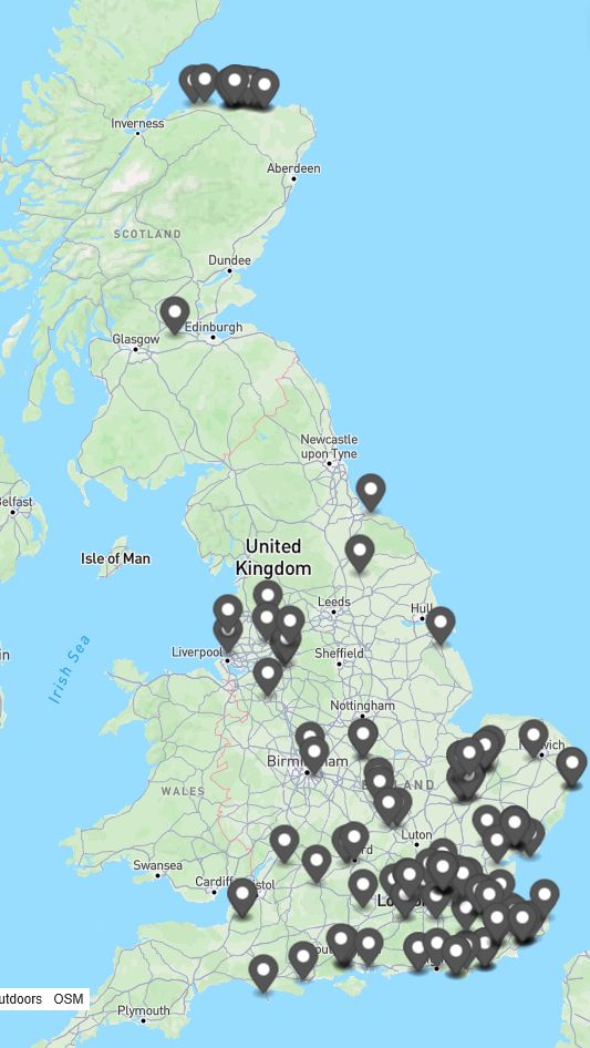 Map of Great Britain with markers indicating places or roads containing "hythe" or "hithe" in their name