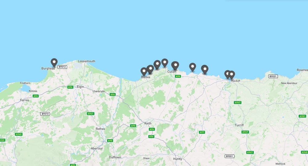 Zoomed in map of the north of Scotland showing 10 markers along the coast, representing places with Hythe or Hithe in the name:
Collach Hithe, Little Hythe, Slough Hythe, Crooked Hythe, Portknockie Hythe, Portlong Hythe, Redhythe Point, Old Hythe, Cowhythe Head, Boat Hythe, Fife Hythe.