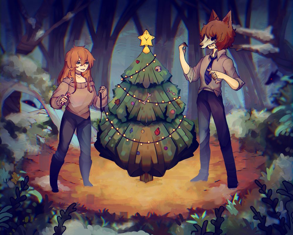 Two people decorating a christmas tree in the woods. The woman is decorating with candy canes. The man is wearing a wolf skull mask and is decorating with bones