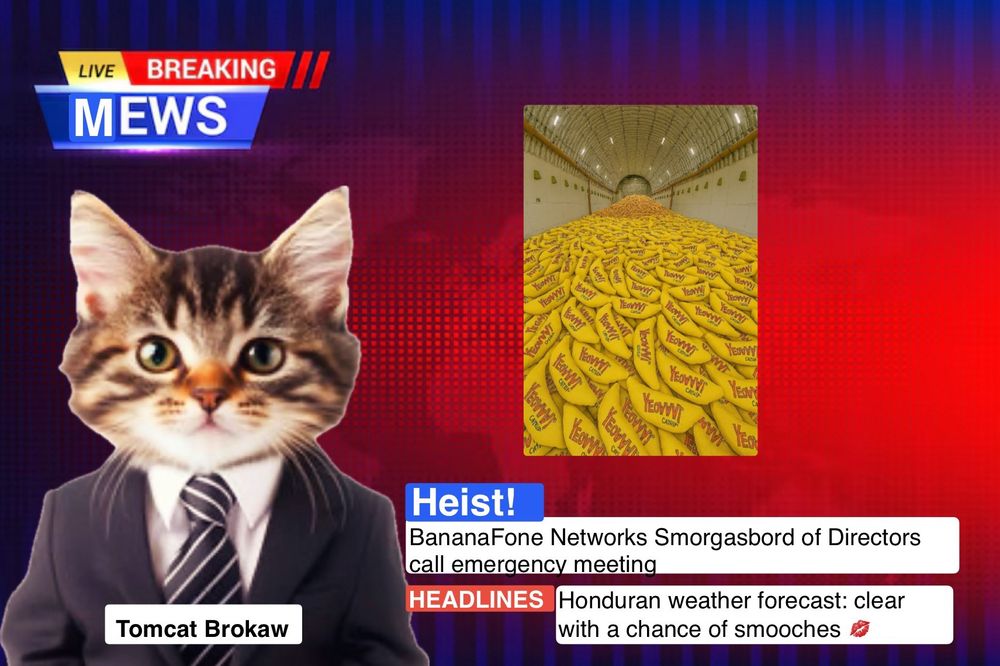 Photoshopped screen shot looks like a cable news broadcast with a cat named Tomcat Brokaw in a suit as the anchor. Includes photo of banana catnip toys. Headline reads “Heist! Banana phone networks smorgasbord of directors call emergency meeting. Honduran weather forecast: clear with a chance of smooches 💋”