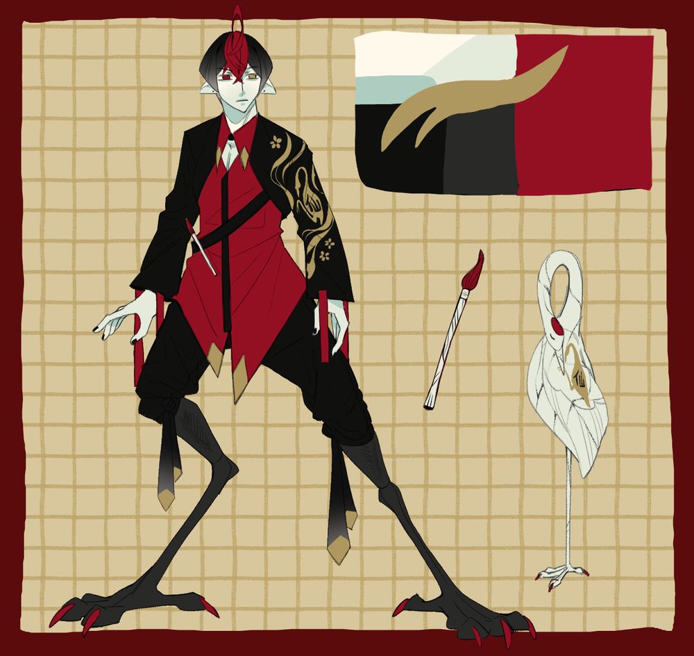 personal character design for a closed species called trinketiers. the character is based on a red crowned crane, their body being half humanoid (top) and the bottom presenting bird legs, the reference sheet also includes the trinket and the statue form of the character
