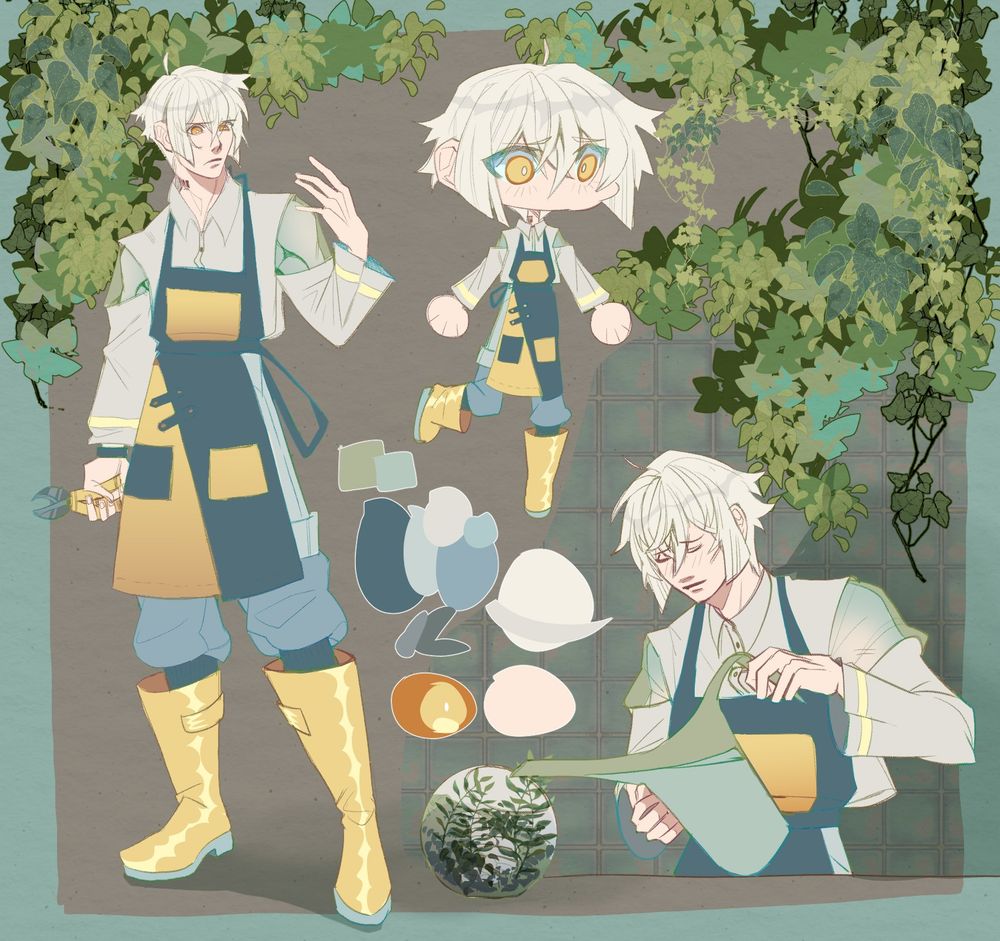 commissioned humanoid character design. there are three drawings on the reference sheet: a full body, a tinie/chibi, and a half body tending to the flowers. The reference sheet is also covered in thick ivy and clinging plants, representing how the character is in tune with plants as a florist. 