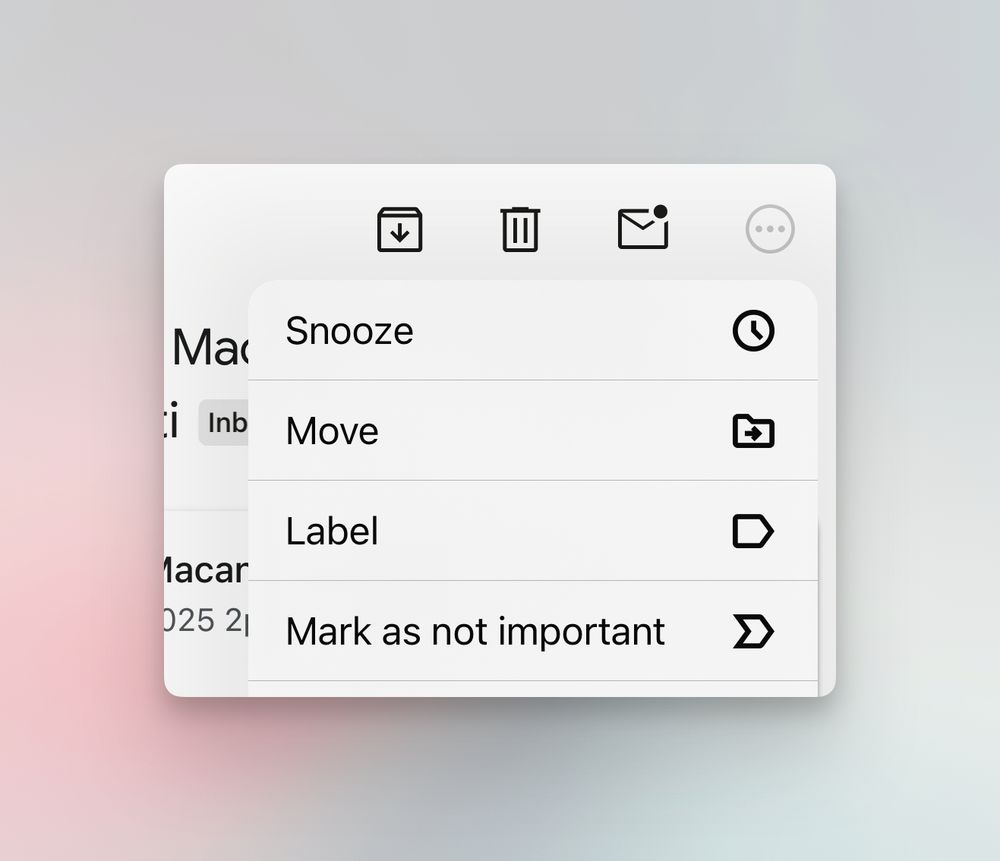 Screenshot of the new Gmail iOS app showing a toolbar with thin icons, and a contextual iOS menu with thick icons.