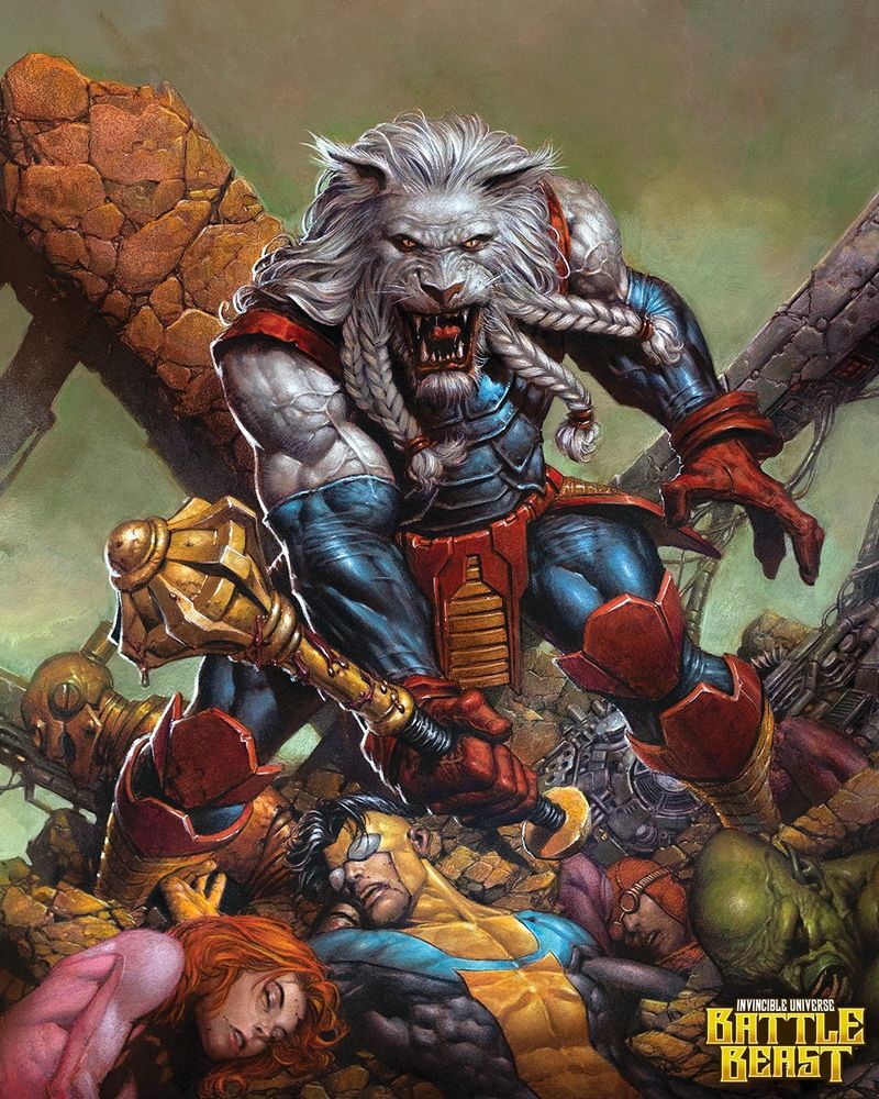 Battle Beast stands over the bodies of Atom Eve, Invincible, Rex Splode, Monster Girl.
