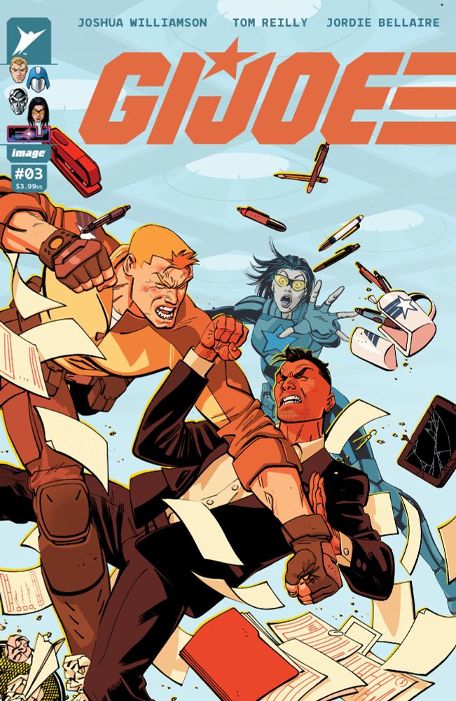 G.I. Joe cover #3 by Tom Reilly & Jordie Bellaire. Duke punches Risk as Baroness looks on in despair.