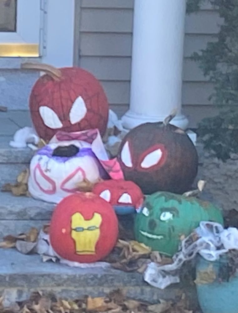 On porch steps, five pumpkins decorated to look like superheroes 

Top: Spider-Man (Peter Parker)
Middle: Spider-Gwen, small Spidey-Person  (not sure which one), Spider-Man (Miles Morales)
Bottom: Iron Man, the Hulk