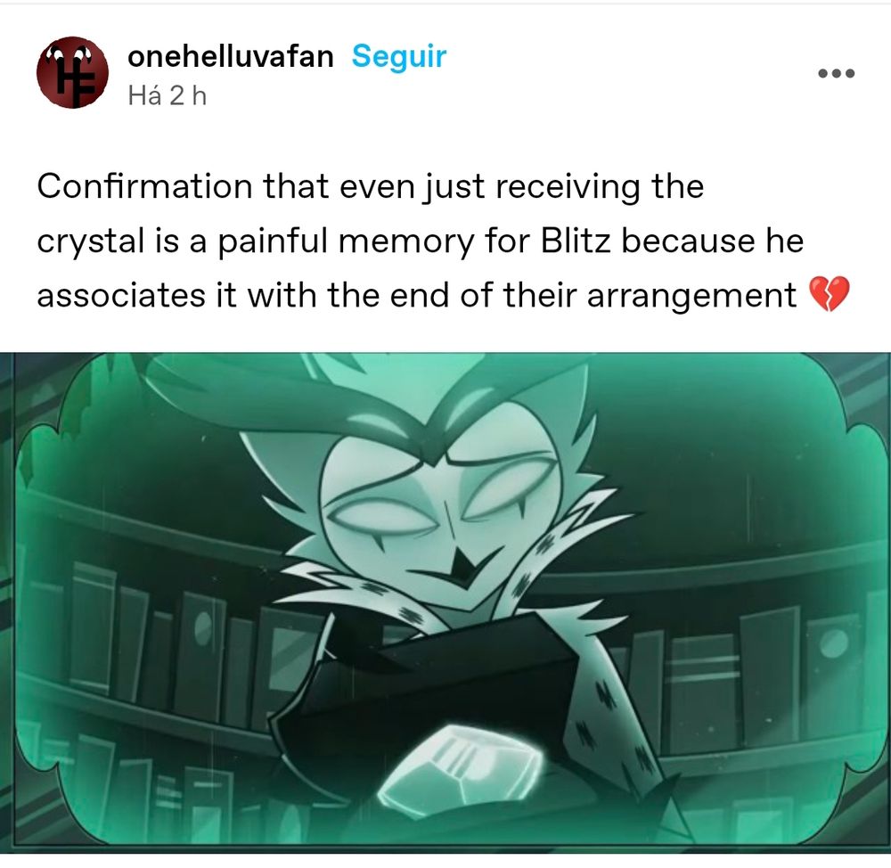 Screenshot from Tumblr user @/onehelluvafan

Text: Confirmation that even just receiving the crystal is a painful memory for Blitz because he associates it with the end of their arrangement 💔

Image: Stolas giving Blitzø the Asmodean Crystal, as seen from Blitzø’s POV 