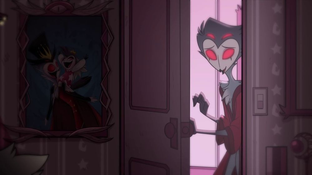 Another image from a flashback where Stolas is standing close to the light switch. His robe actually fits around his shoulders.