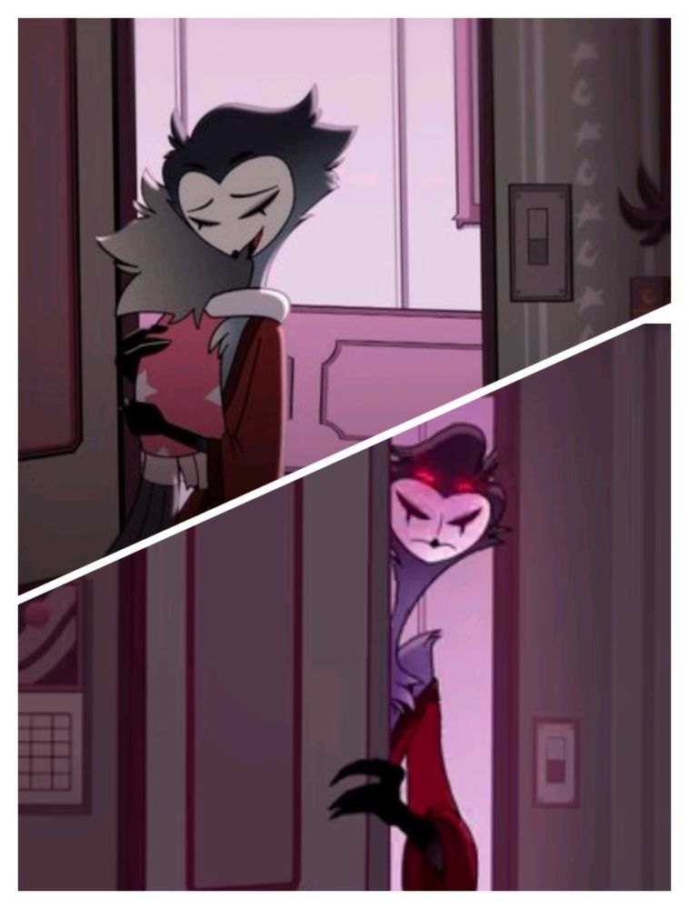 A split image showing two shots of Stolas: on the top one, in a flashback, his height is close to that of the light switch on the wall; on the bottom image, when Via was already a teenager, he's much taller.