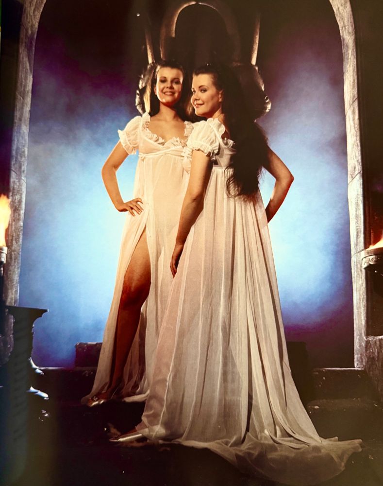 Promotional image featuring the twins stood wearing long white diaphanous night gowns, smiling and posing against a fog laden backdrop, under a stone arch, with torches either side. 