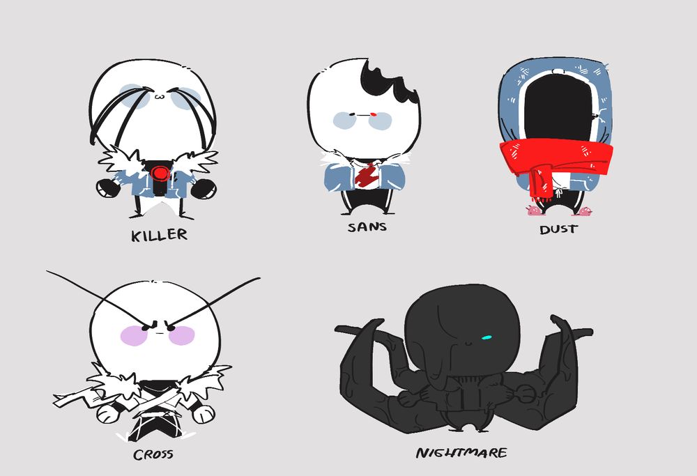 Killer - RahafWabas
Horrortale - Sour-Apple-Studios 
Dusttale - Ask-Dusttale
Cross - JakeiArtwork
Nightmare - Jokublog