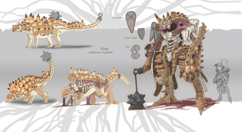 Concept art for my own OCs/IP of mythological transforming dinosaurs in a medieval fantasy setting 