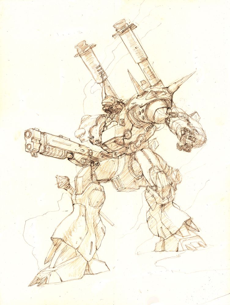 Pencil linework of Kampfer, a mobile suit from Gundam 