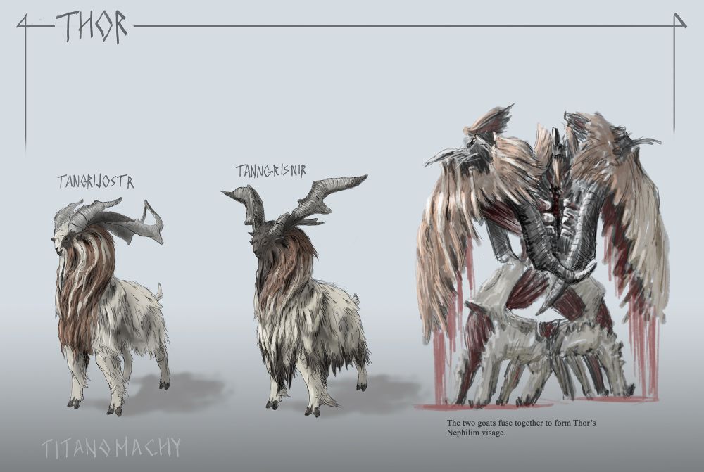 Thor from my Titanomachy Pantheon artbook. Digital concept art showing the deity turns into 2 goat. 