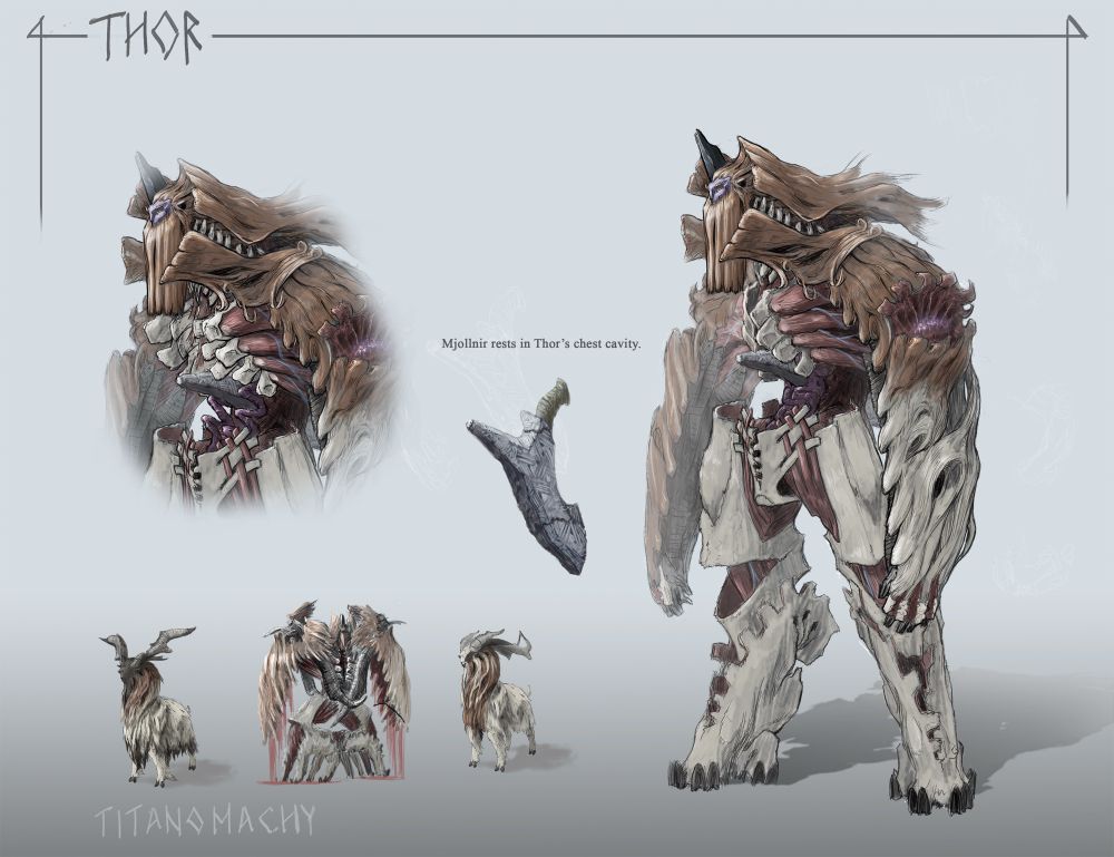Thor from my Titanomachy Pantheon artbook. Digital concept art showing the deity turns into 2 goat. 