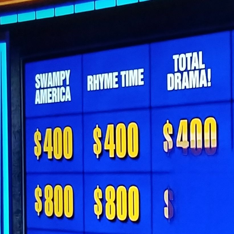 A screenshot from Jeopardy with the first category of Swampy America