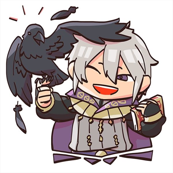 artwork of henry from fire emblem heroes's chibi meet the characters series where he's smiling and has a crow resting on one outstretched finger