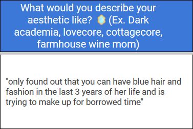 2 cells in google sheets: top cell says "What would you describe your aesthetic like? (Ex. Dark academia, lovecore, cottagecore, farmhouse wine mom). bottom cell says "only found out that you can have blue hair and fashion in the last 3 years of her life and is trying to make up for borrowed time"