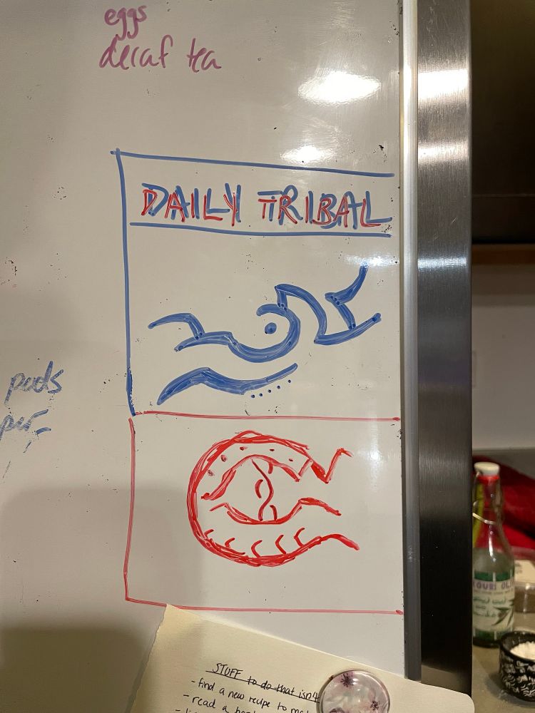 A dry erase whiteboard on a metal fridge with writing in blue and red that says “daily tribal” with two boxes below it containing quick tribal designs drawn by me (top in blue marker) and my partner (bottom in red marker) 