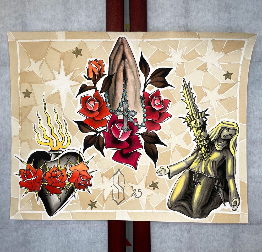 an 11x14 tattoo flash painting with a sacred heart (left) with roses that fade from dark red up to orange and yellow thorns, there are yellow flames coming out of the sacred heart, in the middle of the sheet is praying hands holding a rosary surrounded by roses of different warm shades, and on the right is an image taken from the video game “blasphemy” of a woman in religious garment robes slain by a large thorned blade, in mostly black and grey but the highlights are yellow as if a yellow light is shining upon her. The background is tea stained to look like stained glass with stars sprinkled about. 
