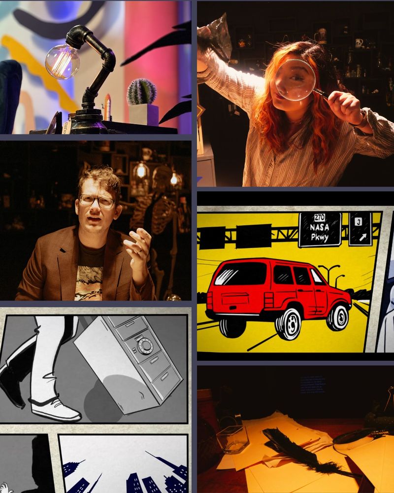 Clockwise from the top left: 
1. A close-up of the lamp and decorations on the side table
2. Producer Hiroka holds up a magnifying glass and waves a feather around on set before placing them as props on the desk. 
3. An animation of a red car driving on the highway. 
4. A feather and some papers and other set props strewn about on the top of a desk
5. A few grayscale animations of a cityscape, shadows, and a person walking with a box-like object with a lock. 
6. A sepia photo of Hank Green on set mid-sentence

