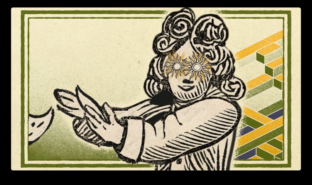 A man with suns for eyes, reaching out toward a paper that is floating toward him. 