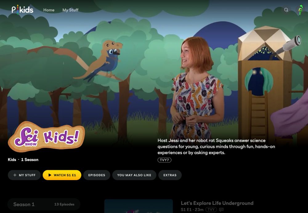 A screenshot of SciShow Kids on the Peacock Kids streaming platform 