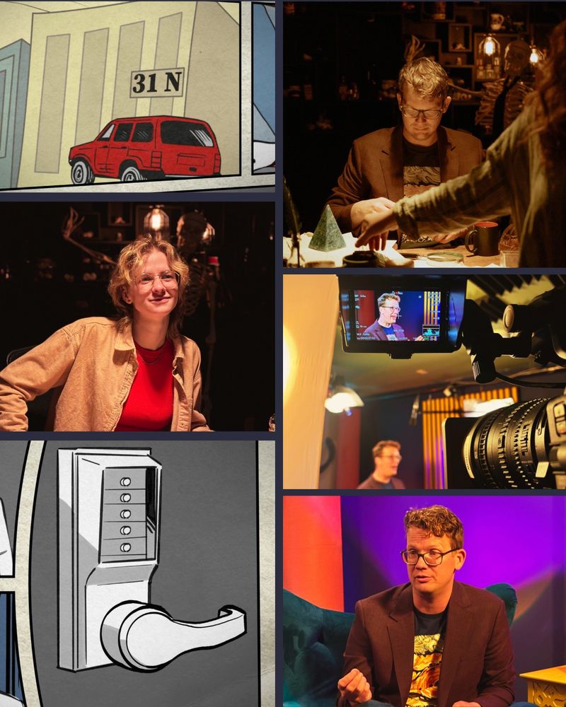 Clockwise from the top left
1. An animation of a red car sitting outside a building marked 31N
2. Producer Hiroka adjusts the props on the desk in front of Hank Green in Sepia
3. A view behind the camera on set while Hank hosts
4. Hank sits in a blue chair on the SciShow set pausing between sentences 
5. A grayscale animation of a door handle with a button lock system
6. AP Eve poses on set as a stand-in for Hank while the team works on setting up lighting.
