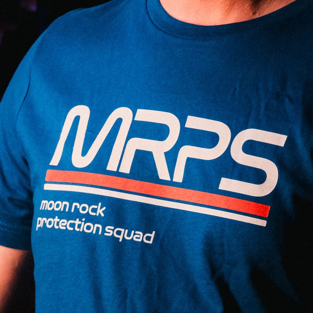 A close up of Hank wearing the Moon Rock Protection Squad (MRPS) shirt released with our recent Deep Dive.
