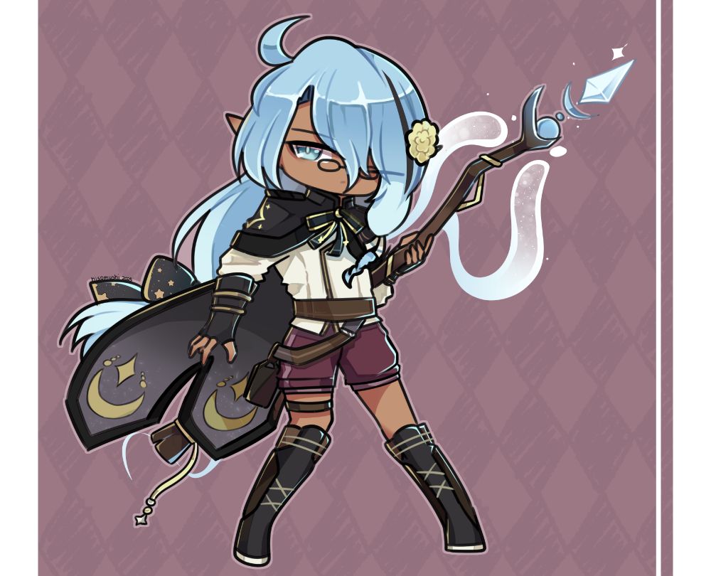 An anime-styled chibi digital illustration, featuring an elf with long blue hair, holding am agic staff with his left hand as it charges up with magic. 

His black, golden-star adorned cape flutters to the left, as he has his free hand outstretched, bracing for impact.